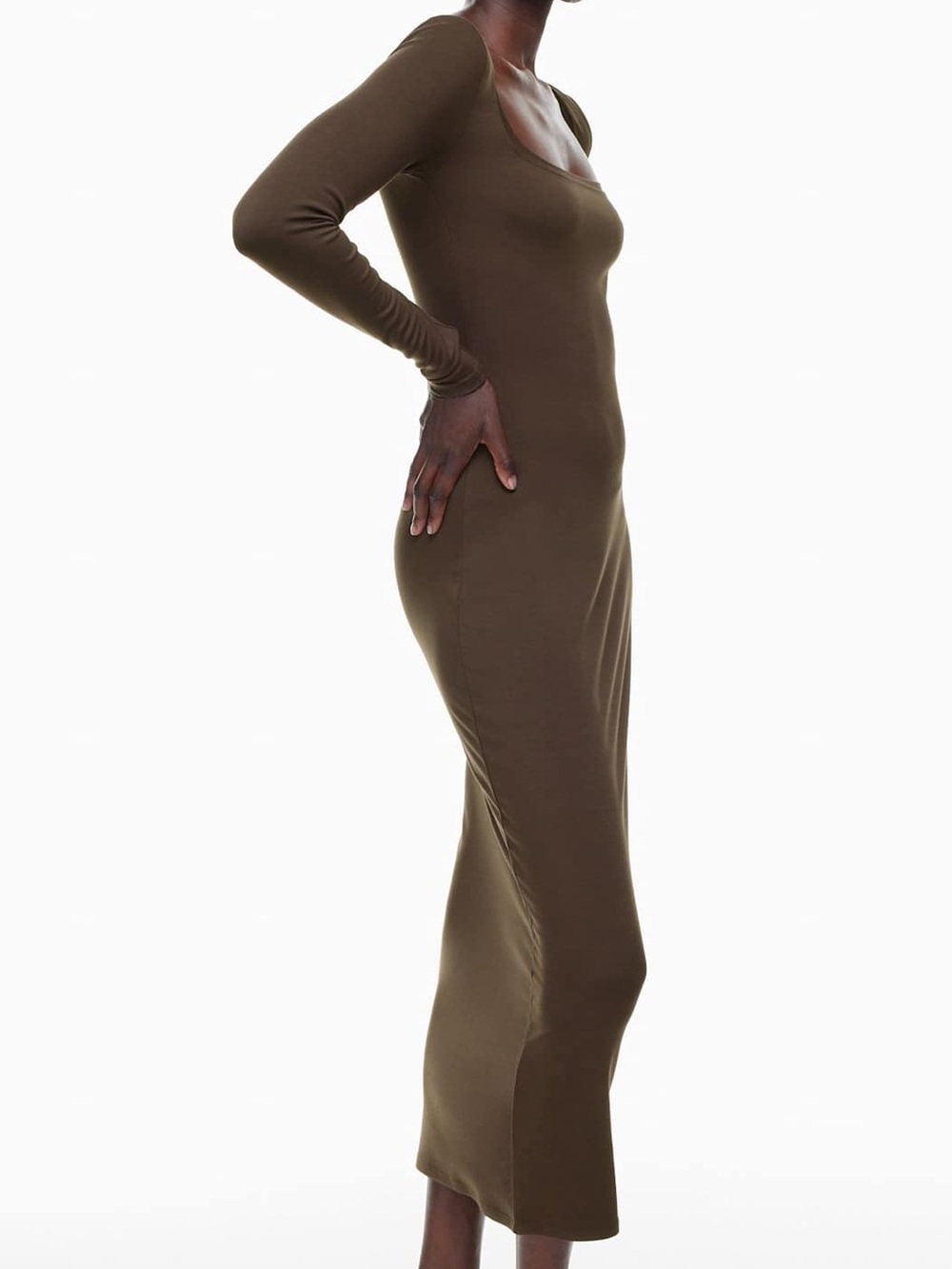 Babaton Aritzia Brown Square Neck Midi Dress Minimalist Quiet Luxury Elevated L
